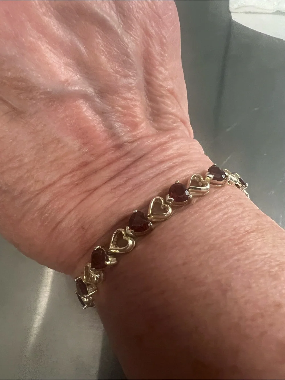 Sterling Silver Heart Link Garnet Tennis Bracelet - Deep Red